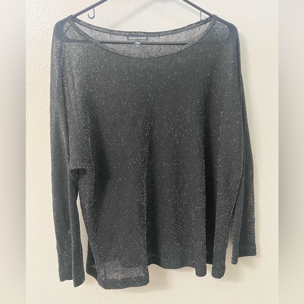 EILEEN FISHER Black Organic Linen Crepe Boat Neck Tunic Size Medium